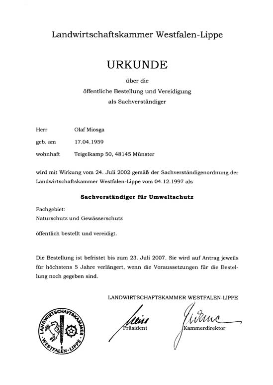 Urkunde - Öffentlich bestellter Sachverständiger Olaf Miosga