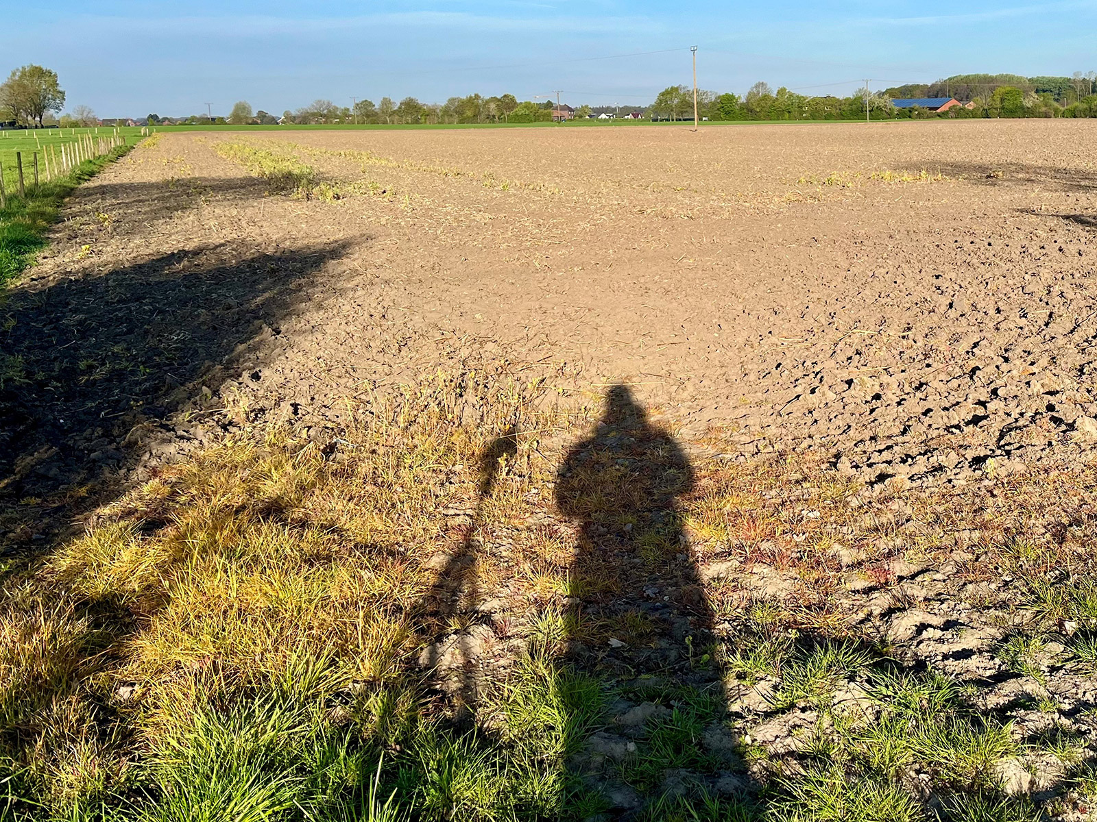 Man sieht den Schatten eines Mitarbeiters und eines Kamera-Stativs auf einem grossen Acker.Scheinbar hat er gerade Fotos von einem Projekt gemacht. Im Hintergrund sind Bauernhöfe zu erkennen.